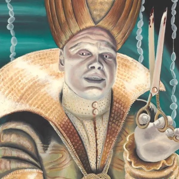 Surreal painted figure in an ornate collar holding scissors