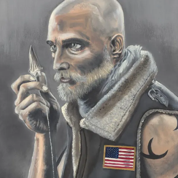 Painted bald warrior holding a pointed object