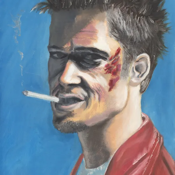 Painted portrait of a bruised anti-hero in a red jacket